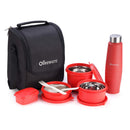 SOPL-OLIVEWARE Teso Lunch Box with Plastic Cutlery, 3 Microwave Safe Inner Steel Containers with BPA Free Lids(290ml, 450ml & 600ml), Plastic Pickle Box (130ml), Steel Water Bottle(750ml) - Red