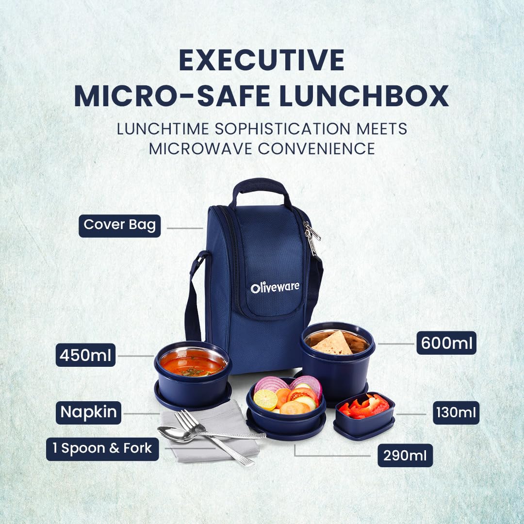 SOPL-OLIVEWARE Executive Lunch Box Series, Microwave Safe & Leak Proof, 3 Inside Steel Container with BPA Free Airtight Lid (290ml, 450ml & 600ml), Plastic Pickle Box (130ml), Steel Cutlery - Blue