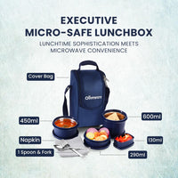 SOPL-OLIVEWARE Executive Lunch Box Series, Microwave Safe & Leak Proof, 3 Inside Steel Container with BPA Free Airtight Lid (290ml, 450ml & 600ml), Plastic Pickle Box (130ml), Steel Cutlery - Blue