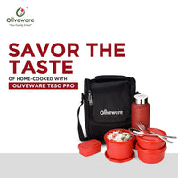 SOPL-OLIVEWARE Teso Pro Lunch Box With Steel Cutlery,3 Microwave Safe Inner Steel Containers With Bpa Free Lids(290Ml,450Ml&600Ml)Plastic Pickle Box(130Ml)Steel Water Bottle(750Ml)-Red,1470 Ml