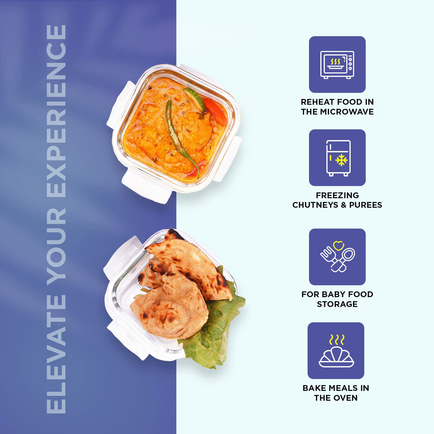 SOPL-OLIVEWARE Freshco Glassware Lunchbox, Borosilicate Glass & Microwave Proof, Safety Lock Airtight Lid, 2 Container with Steel Spoon (320ml) Each - Blue