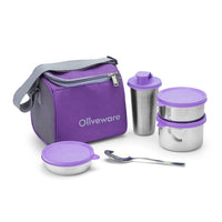 SOPL-OLIVEWARE Oliveware Milano Lunch Box, 3 Stainless Steel Containers And Sipper (300Ml, 450Ml, 600Ml & 400Ml), Steel Spoon, Leak Proof Full Meal & Easy To Carry (Purple), 450 Milliliter