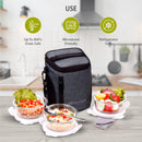 SOPL-OLIVEWARE Grace Glassware Round Lunchbox, Napkin & Steel Spoon, Borosilicate Glass & Microwave Proof, Set of 3 (400ml) - Grey