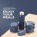 SOPL-OLIVEWARE Teso Pro Lunch Box With Steel Cutlery,3 Microwave Safe Inner Steel Containers With Bpa Free Lids(290Ml,450Ml&600Ml)Plastic Pickle Box(130Ml)Steel Water Bottle(750Ml)-Blue,600 Ml