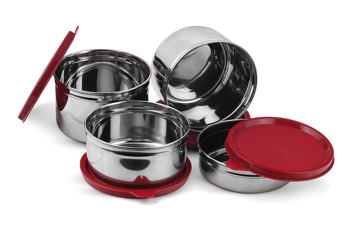 SOPL-OLIVEWARE Mega Lunch Box, 100% Leak Proof, 4 Stainless Steel Containers with BPA Free Airtight Lids (300ml, 450ml, 2x600ml), Fabric Bag - Red