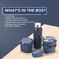 SOPL-OLIVEWARE Teso Pro Lunch Box With Steel Cutlery,3 Microwave Safe Inner Steel Containers With Bpa Free Lids(290Ml,450Ml&600Ml)Plastic Pickle Box(130Ml)Steel Water Bottle(750Ml)-Blue,600 Ml