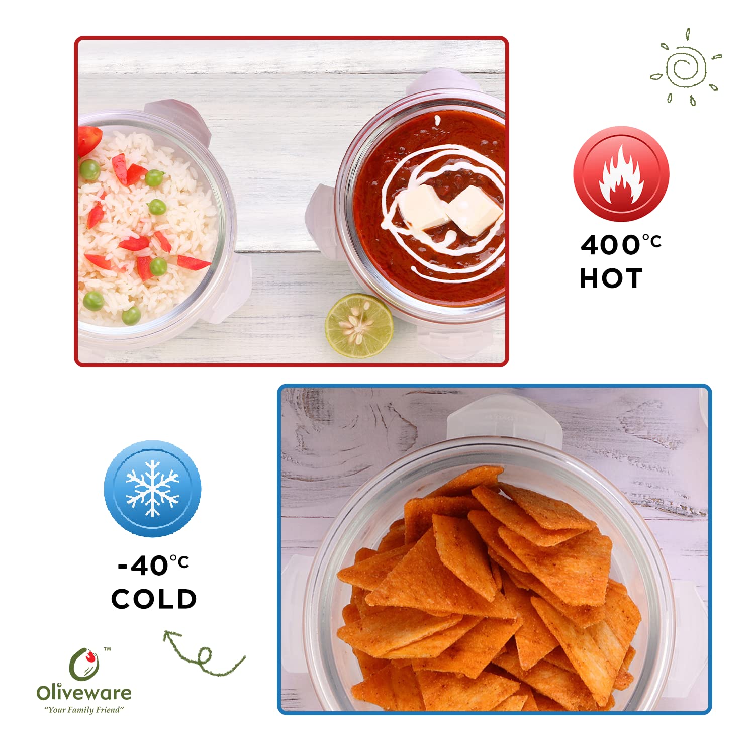 SOPL-OLIVEWARE Joy Glassware Round Lunchbox, Borosilicate Glass Containers, Microwave Safe & Leak Proof, 2 Containers with BPA Free Lids (400ml) Each - Red