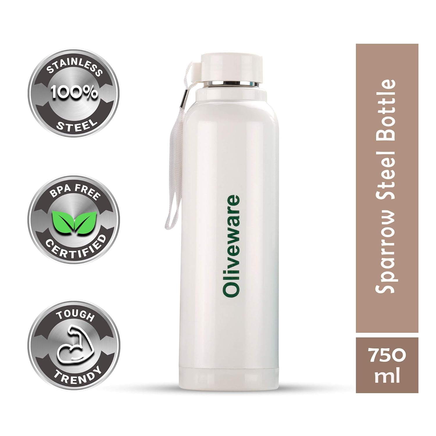 Oliveware Aura Insulated Steel Bottle - White | Keep Hot & Cold for Long Hours | Fits Bags & Fridge | Strap for Easy Carry - 690ml
