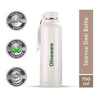 Oliveware Aura Insulated Steel Bottle - White | Keep Hot & Cold for Long Hours | Fits Bags & Fridge | Strap for Easy Carry - 690ml