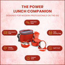 oliveware Groove Lunch Box, Microwave Safe and Leak Proof, 3 Inner Steel Containers with BPA Free Airtight Lid (2 * 290ml & 450ml), Plastic Tumbler (450ml), Plastic Cutlery - Red