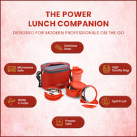 oliveware Groove Lunch Box, Microwave Safe and Leak Proof, 3 Inner Steel Containers with BPA Free Airtight Lid (2 * 290ml & 450ml), Plastic Tumbler (450ml), Plastic Cutlery - Red