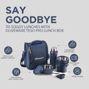 SOPL-OLIVEWARE Teso Elite Pro Lunch Box with Steel Cutlery, BPA free Lids, 3 Microwave Safe Inside Steel Containers (290ml, 450ml & 600ml), Plastic Pickle Box (130ml), Steel Water Bottle(750ml) - Blue