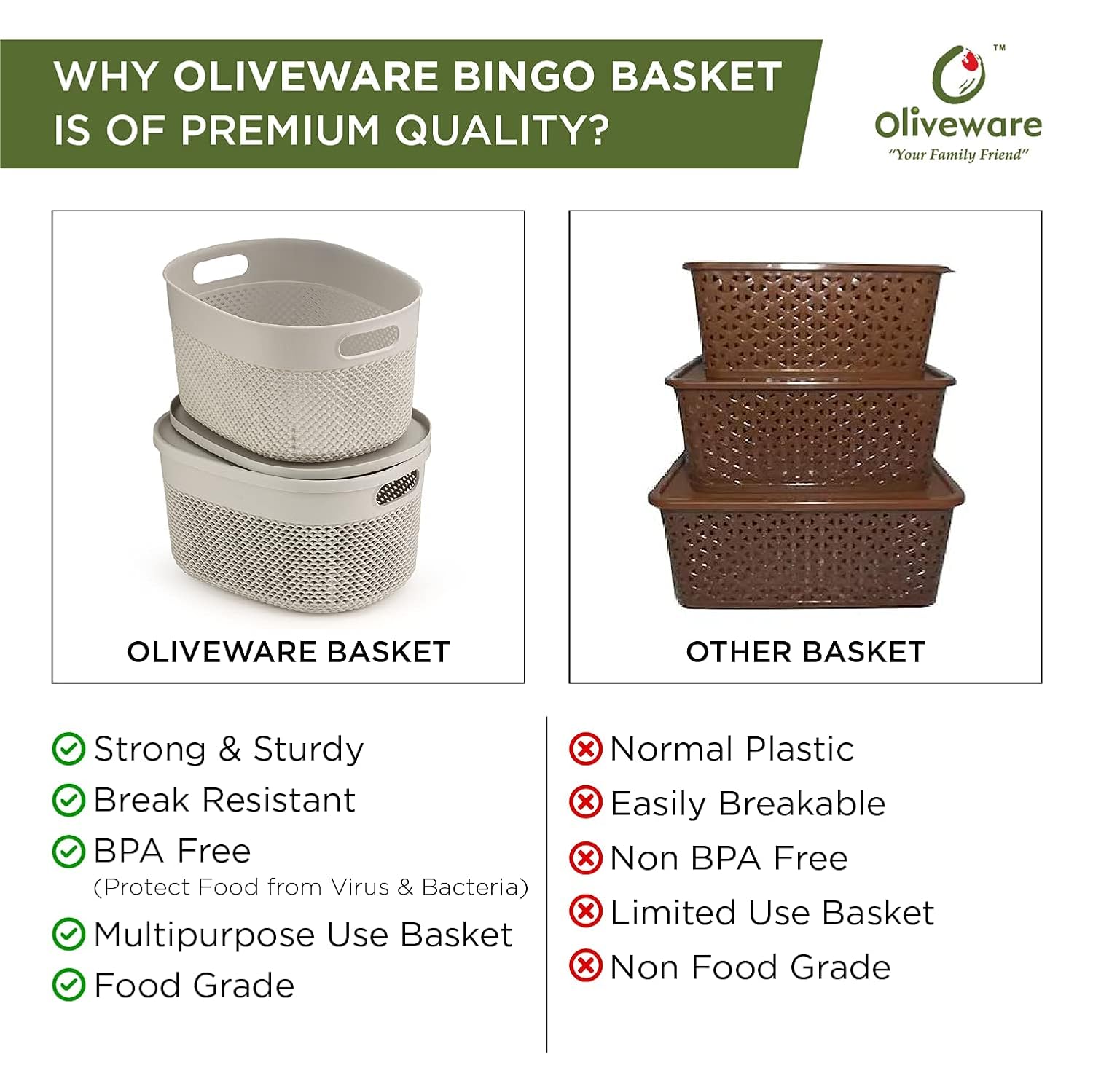 Oliveware Bingo Basket Stackable Storage Organiser With Lids For Clothes & Toys, BPA Free, Set of 2 Small - 3.4L Each (Grey, Plastic)