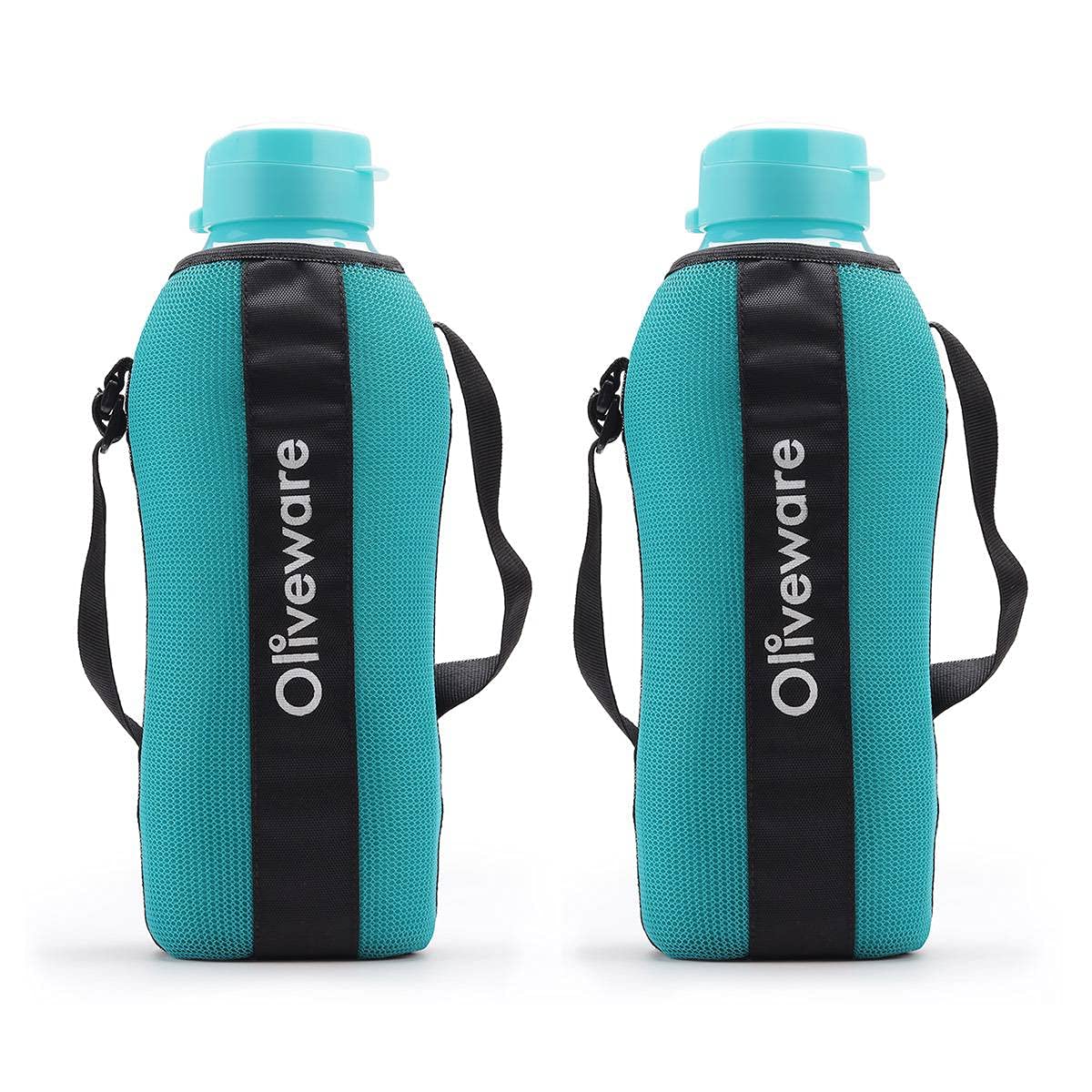 SOPL-OLIVEWARE Jumbo Water Bottle With Washable Carry Sleeve, Shoulder Strap, 2 Litre Bottle, BPA Free & Leak Proof, Fits in Fridge, Pack of 2 - Blue