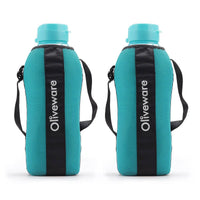 SOPL-OLIVEWARE Jumbo Water Bottle With Washable Carry Sleeve, Shoulder Strap, 2 Litre Bottle, BPA Free & Leak Proof, Fits in Fridge, Pack of 2 - Blue