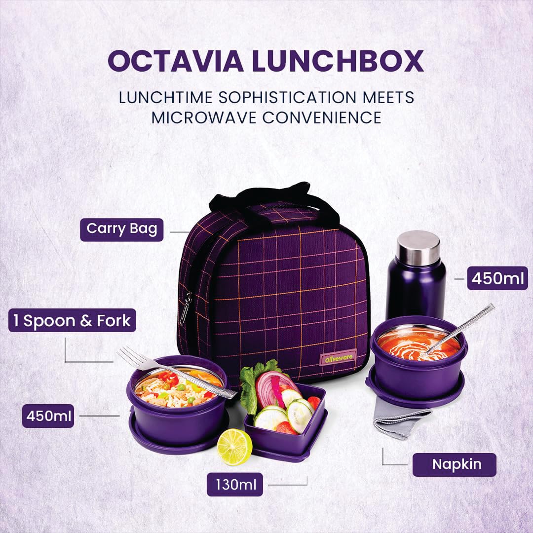 Oliveware Octavia Lunchbox, Steel Cutlery & Napkin, Microwave & Freezer Safe, 2 Inside Steel containers (2x450ml), Plastic Pickle Box (130ml), Steel Bottle (450ml), Fabric Bag - Voilet