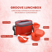 oliveware Groove Lunch Box, Microwave Safe and Leak Proof, 3 Inner Steel Containers with BPA Free Airtight Lid (2 * 290ml & 450ml), Plastic Tumbler (450ml), Plastic Cutlery - Blue