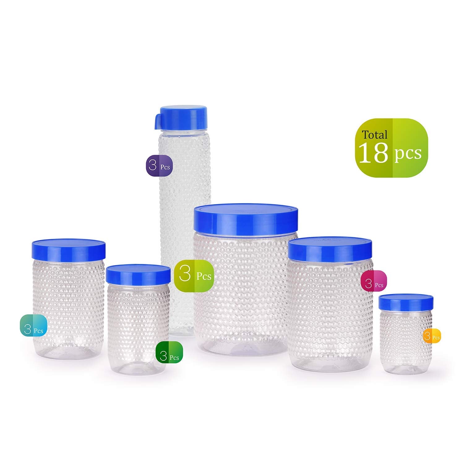 oliveware Honeycomb Range Kitchen Container, Air Tight Storage with Fridge Bottles, BPA Free, Set of 18 (15 Boxes + 3 Water Bottles) - Blue