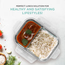 Oliveware Elite Microwave Safe Office Two Compartment Lunch Box Set | Borosilicate Glass | Safety Lock Airtight Tiffin Containers (600ml)