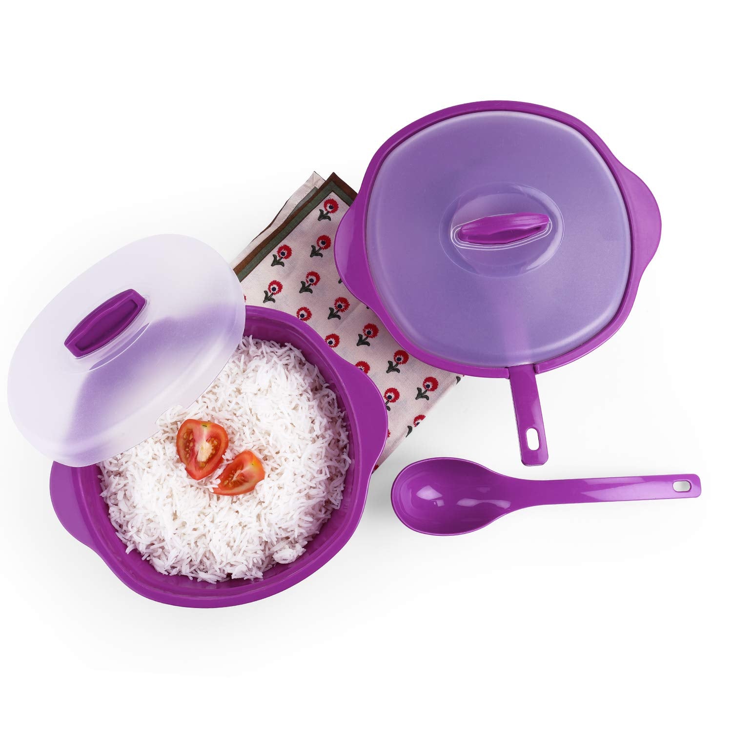 oliveware Diplomat Serving Bowl Set (2000 ML) | 2 Bowls with lid and Serving Spoons | Microwave Safe | for Heating & Serving| for Breakfast, Lunch, Dinner - Purple, Plastic