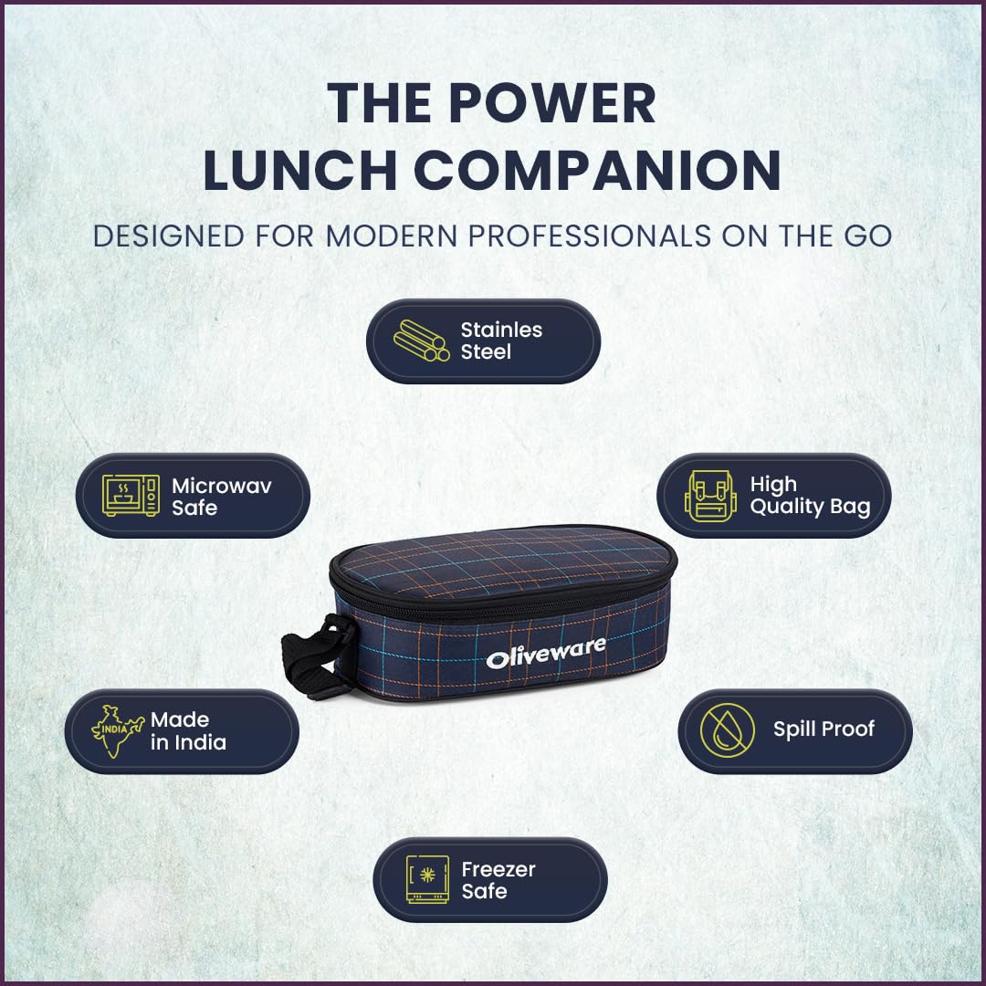 SOPL-OLIVEWARE Hazel Lunch Box, Leak Proof & Microwave Safe, 3 Stainless Steel Containers (450ml, 450ml, 550ml), Insulated Fabric Bag, Full Meal & Easy to Carry (Blue)