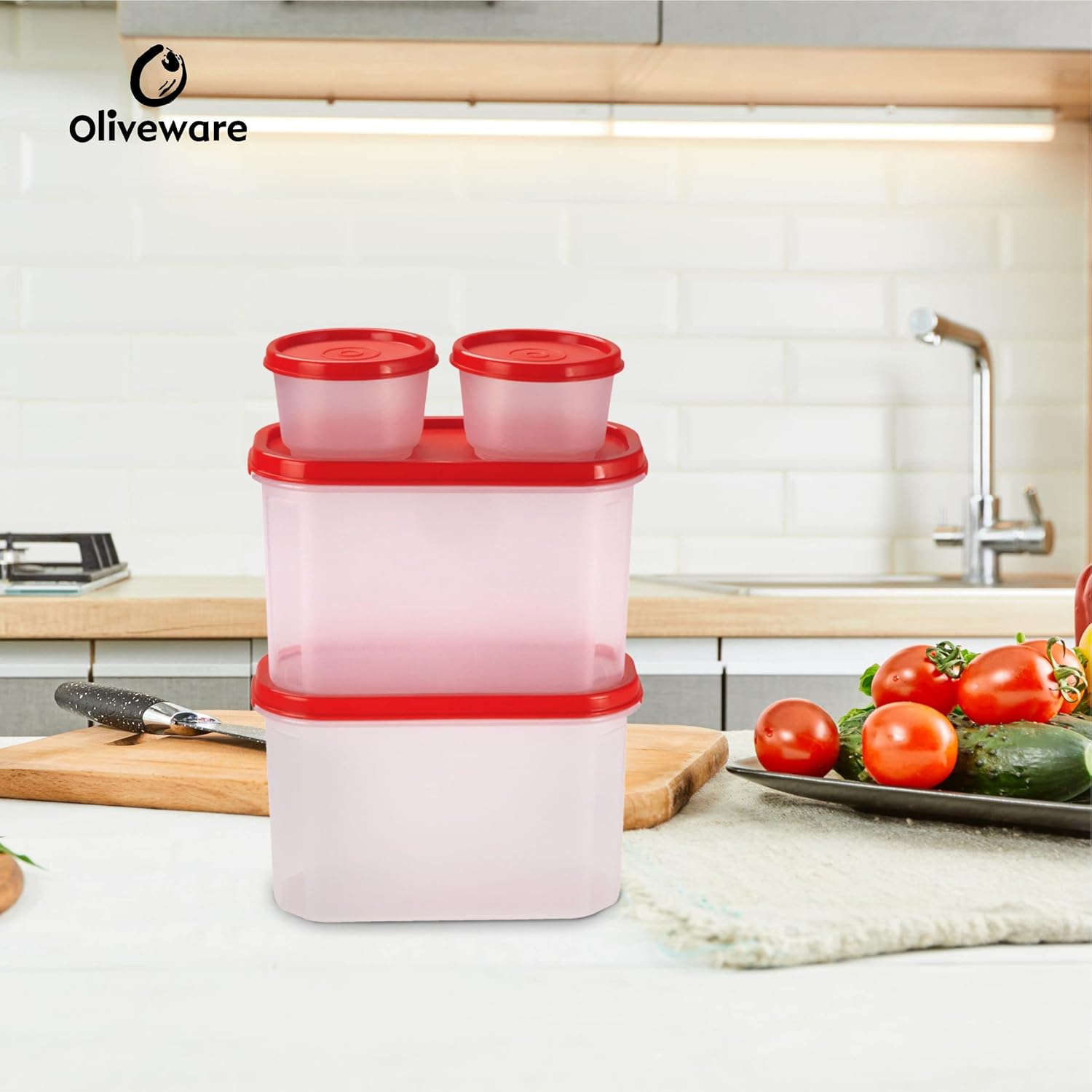 Oliveware Modular Storage Containers, BPA Free, For Pulses, Rice, Dal, Atta & Flour, Set of 4 (2x1800ml, 2x180ml) - Red