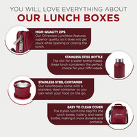 SOPL-OLIVEWARE Teso Pro Lunch Box With Steel Cutlery,3 Microwave Safe Inner Steel Containers With Bpa Free Lids(290Ml,450Ml,600Ml)Plastic Pickle Box(130Ml)Steel Water Bottle(750Ml)-Maroon,600 Ml