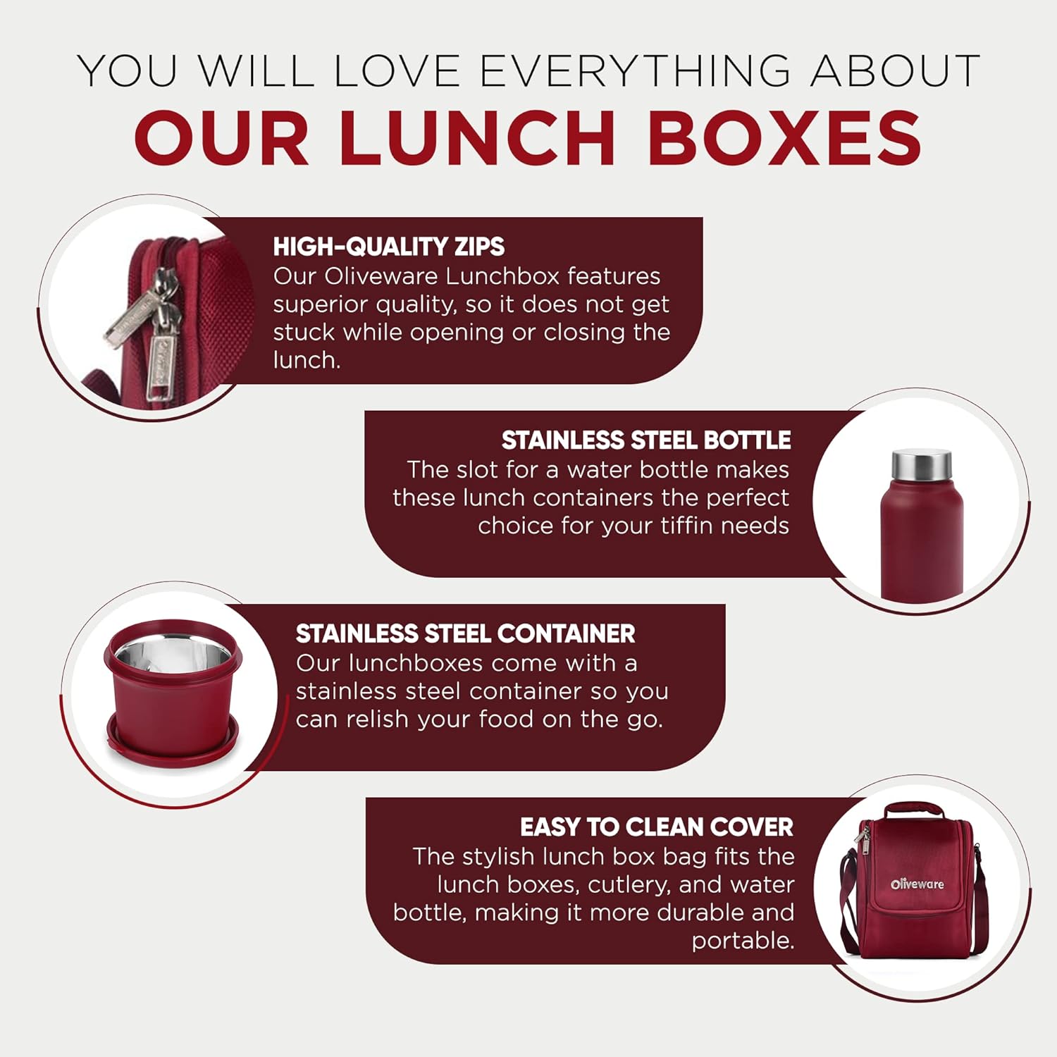 SOPL-OLIVEWARE Teso Pro Elite Lunch Box with Steel Cutlery, BPA free Lids, 3 Microwave Safe Inside Steel Containers(290ml, 450ml & 600ml), Plastic Pickle Box (130ml), Steel Water Bottle(750ml) -Maroon