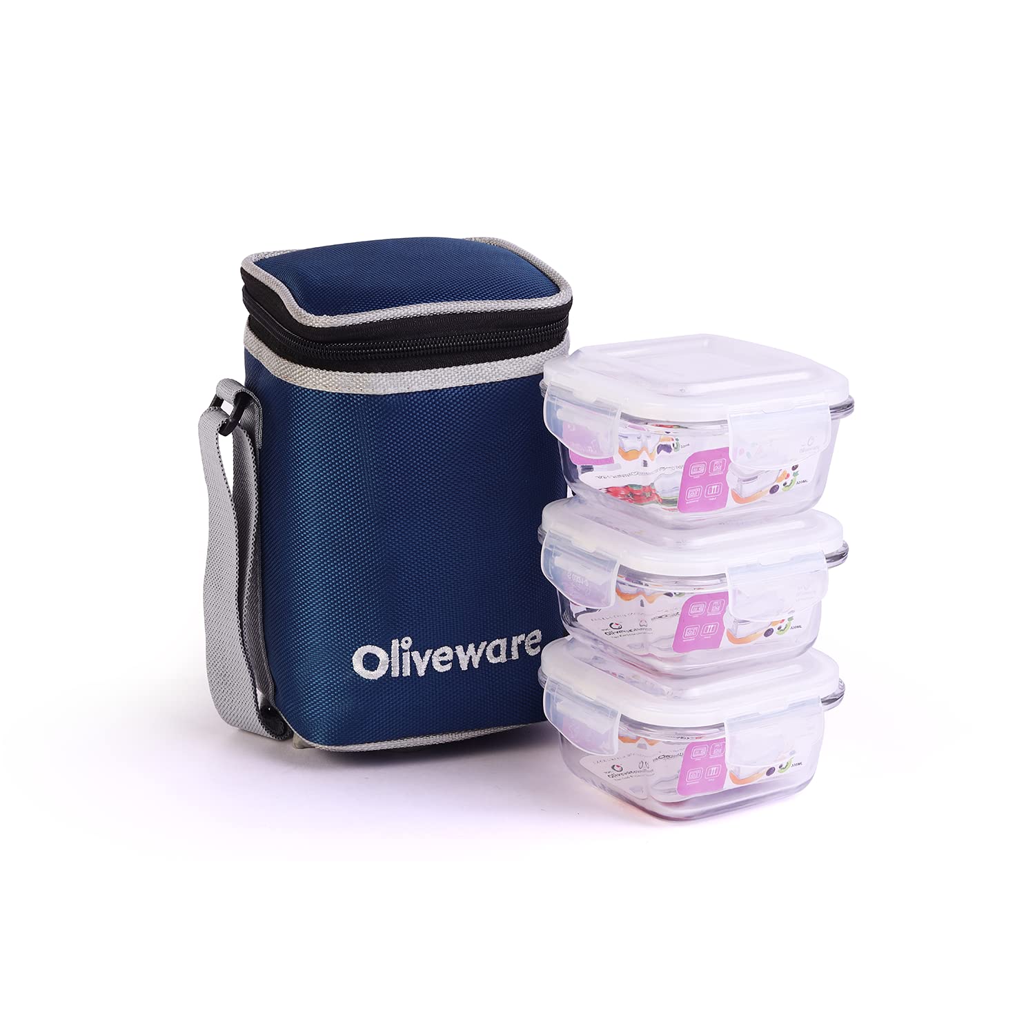 SOPL-OLIVEWARE Bounty Borosilicate Glassware Lunchbox, Microwave & Freezer Safe, Set of 3 containers with BPA Free Airtight Lids (320ml) Each - Blue