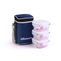 SOPL-OLIVEWARE Bounty Borosilicate Glassware Lunchbox, Microwave & Freezer Safe, Set of 3 containers with BPA Free Airtight Lids (320ml) Each - Blue