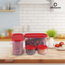 Oliveware Modular Storage Containers, BPA Free, For Pulses, Rice, Dal, Atta & Flour, Set of 4 (2x1800ml, 2x180ml) - Red