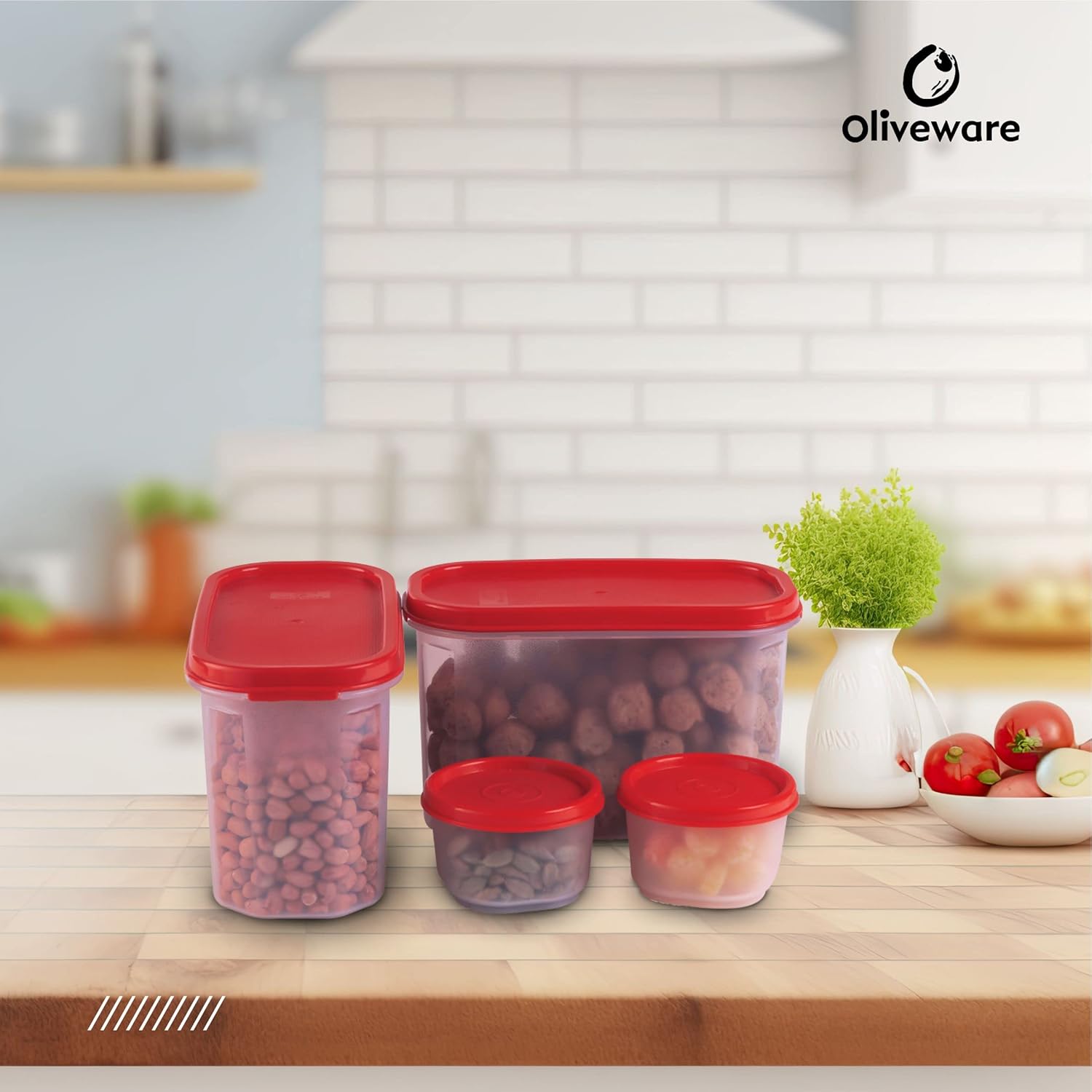 Oliveware Modular Storage Containers, BPA Free, For Pulses, Rice, Dal, Atta & Flour, Set of 4 (2x1800ml, 2x180ml) - Red