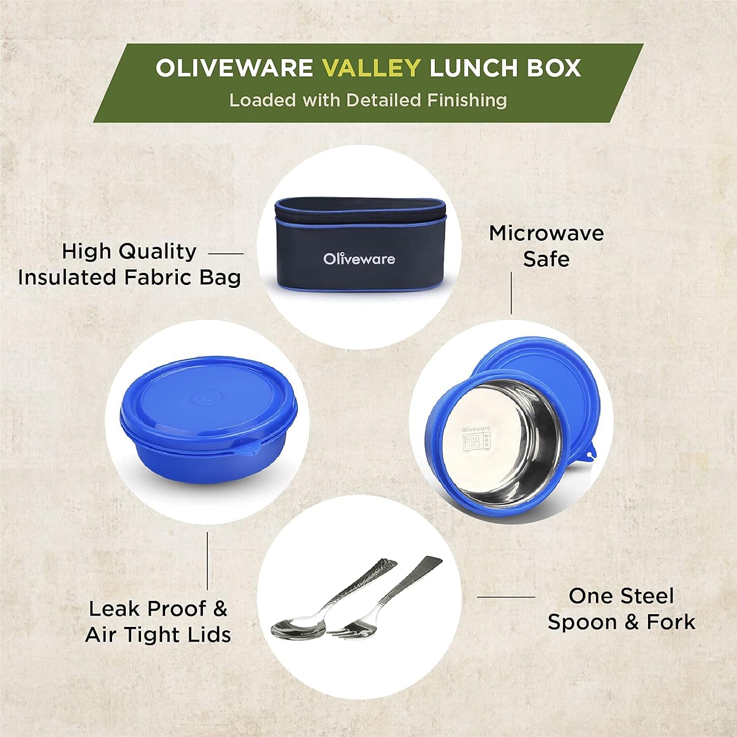 SOPL-OLIVEWARE Valley Lunch Box, Steel Spoon & Fork, Microwave Safe, 4 Inner Steel Container with BPA Free Lid (2 * 290ml & 2 * 450ml), Fabric Bag - Blue