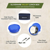 SOPL-OLIVEWARE Valley Lunch Box, Steel Spoon & Fork, Microwave Safe, 4 Inner Steel Container with BPA Free Lid (2 * 290ml & 2 * 450ml), Fabric Bag - Red