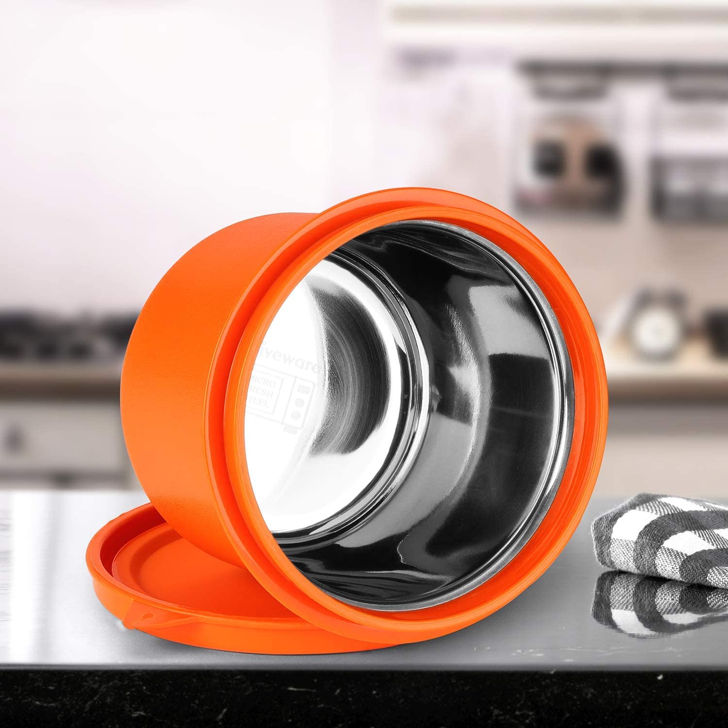 oliveware Benny Microwave Containers with BPA Free Airtight Lid, Stainless Steel Container, Leak Proof, Home & Office Use, Set of 2 (600ml) - Orange