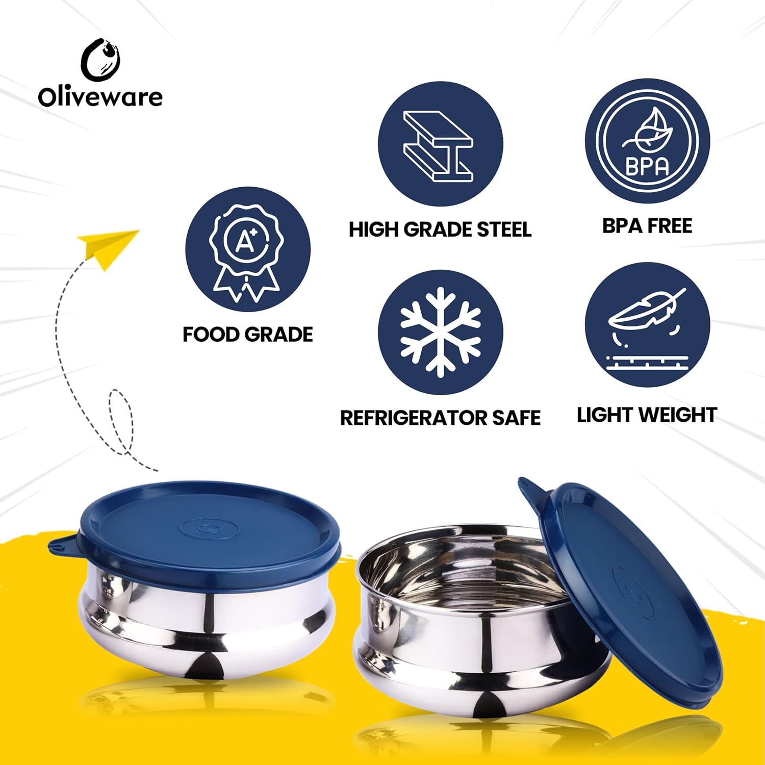 oliveware with Device Wonder Stainless Steel Containers, Leak Proof & Spill Proof, Dishwasher Safe, Set of 2 (450ml) Each - Blue