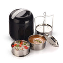 oliveware Bella Lunch Box, 3 Stainless Steel Containers 300ml Each, Insulated Body with Carry Handle, Leak Proof, Complete Meal Hot Case (Black)