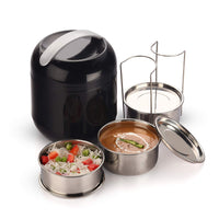 oliveware Bella Lunch Box, 3 Stainless Steel Containers 300ml Each, Insulated Body with Carry Handle, Leak Proof, Complete Meal Hot Case (Black)