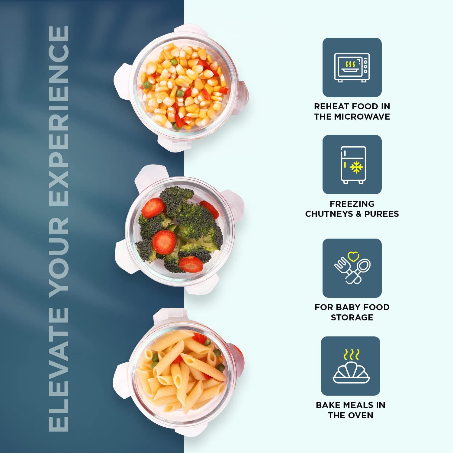 SOPL-OLIVEWARE Pebble Glassware Lunchbox, Borosilicate Glass, Microwave & Freezer Safe, Set of 3 with BPA Free Lid (400ml) Each - Blue