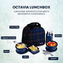Oliveware Octavia Lunchbox, Microwave & Freezer Safe, 2 Inside Steel containers (2x450ml), Plastic Pickle Box (130ml), Steel Bottle(450ml), Steel Cutlery & Napkin, Fabric Bag - Blue