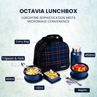 Oliveware Octavia Lunchbox, Microwave & Freezer Safe, 2 Inside Steel containers (2x450ml), Plastic Pickle Box (130ml), Steel Bottle(450ml), Steel Cutlery & Napkin, Fabric Bag - Blue