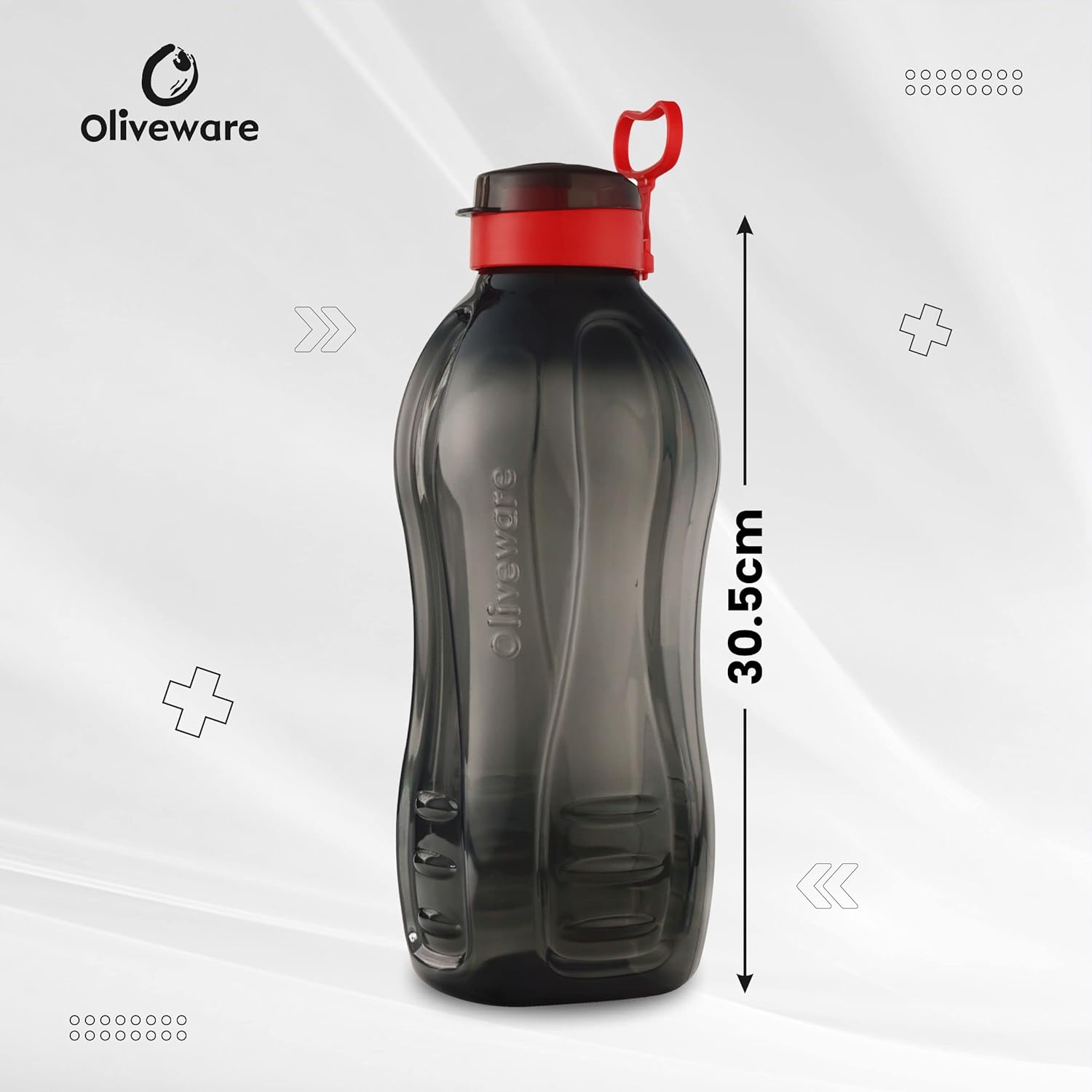 oliveware Jumbo 2 Litre Water Bottle, 100% Leak Proof, BPA Free Premium Plastic Bottle, for Home & Office, Sturdy with Holder, Pack of 1 - (Black_Red)