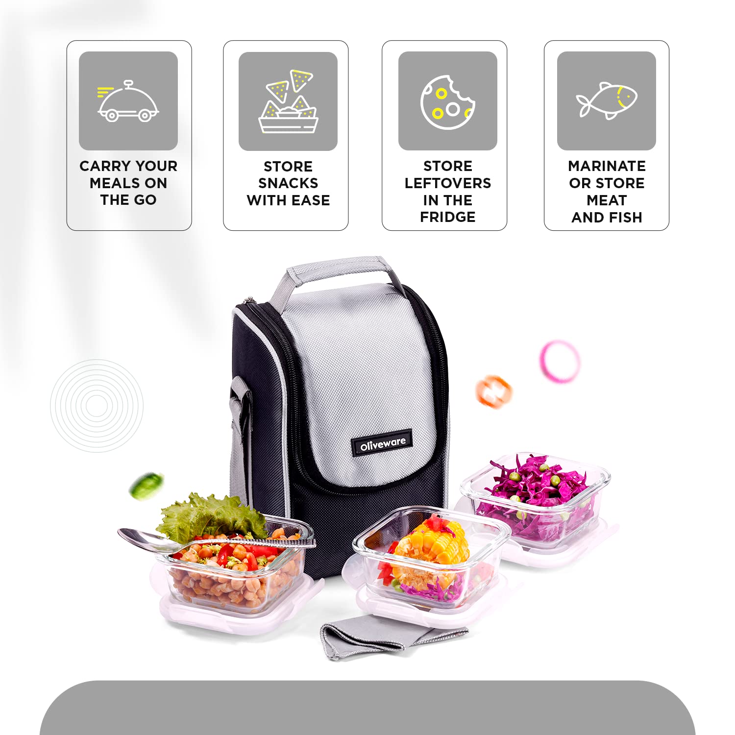 SOPL-OLIVEWARE Duke Glassware Lunchbox, Borosilicate Glass & Microwave Proof, Safety Lock Airtight Lid, 3 Container with 320ml Each - Black