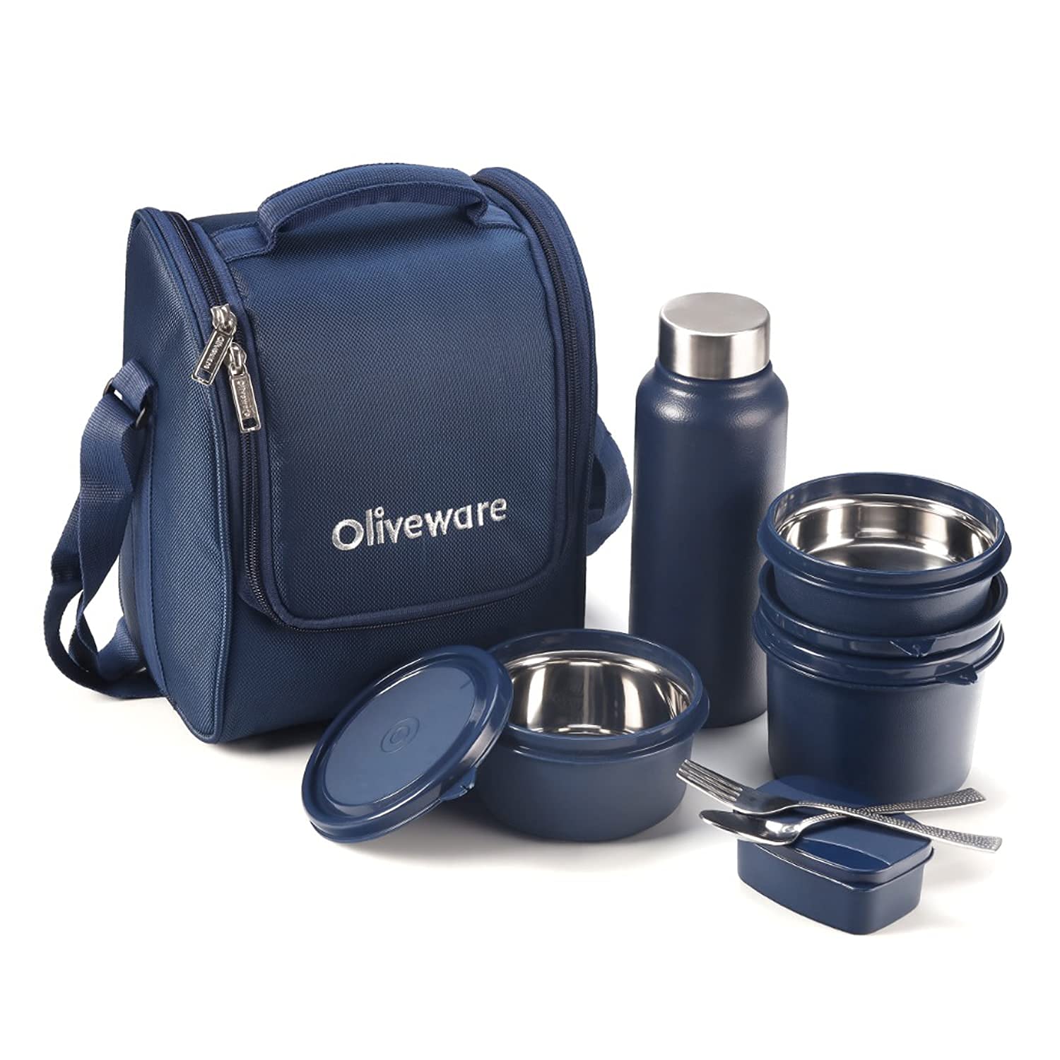 SOPL-OLIVEWARE Teso Pro Lunch Box With Steel Cutlery,3 Microwave Safe Inner Steel Containers With Bpa Free Lids(290Ml,450Ml&600Ml)Plastic Pickle Box(130Ml)Steel Water Bottle(750Ml)-Blue,600 Ml