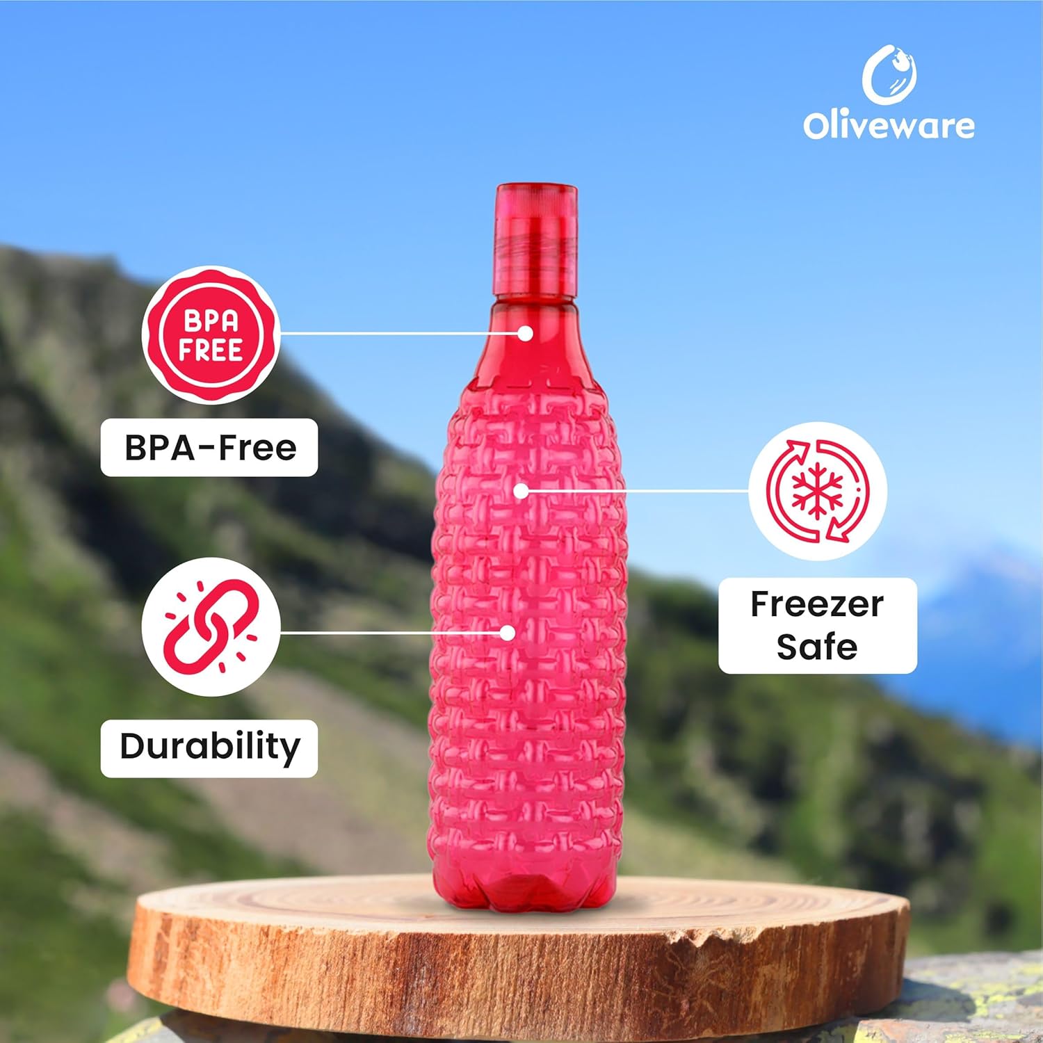 oliveware Premium Plastic Water Bottle, 1L, Set of 6, Pink