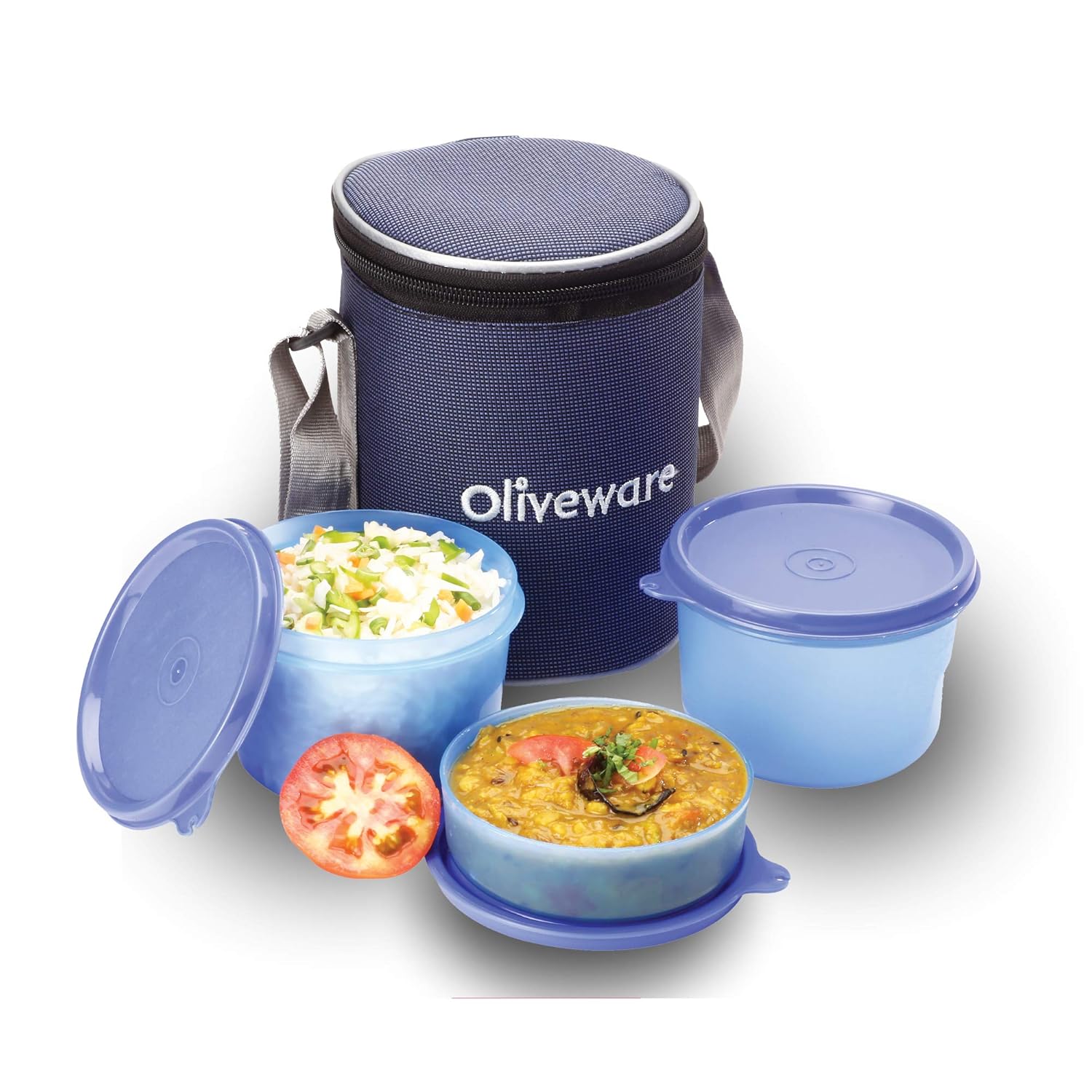 oliveware Easy Meal Plastic Lunch Box with Insulated Fabric Bag, BPA Free & Leak Proof, Set of 3 (290ml, 600ml, 600ml), Full Meal - Blue