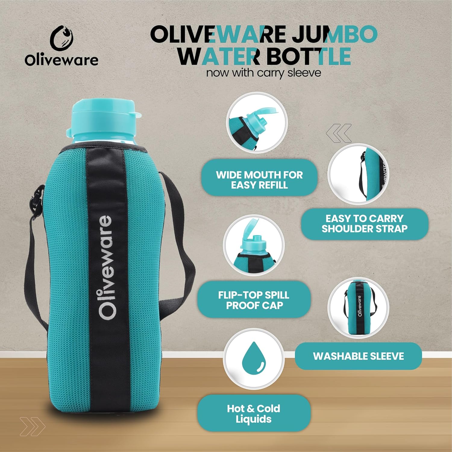 SOPL-OLIVEWARE Jumbo Water Bottle With Washable Carry Sleeve, Shoulder Strap, 2 Litre Bottle, BPA Free & Leak Proof, Fits in Fridge, Pack of 1 - Blue
