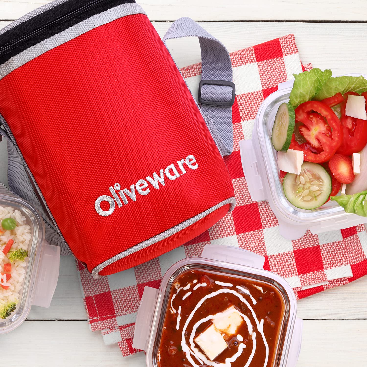 SOPL-OLIVEWARE Bounty Borosilicate Glassware Lunchbox, Microwave & Freezer Safe, Set of 3 containers with BPA Free Airtight Lids (320ml) Each - Red