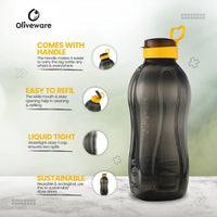 oliveware Jumbo 2 Litre Water Bottle | for Home, Office & Gym | Sturdy with Holder | 100% Leak Proof | BPA Free Premium Plastic Bottle- Pack of 1 (Black_Yellow)