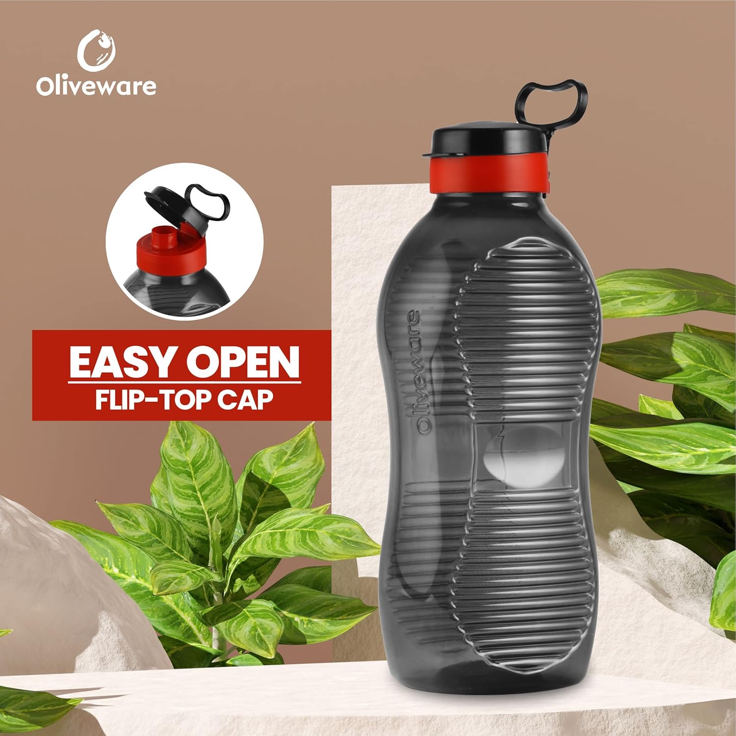 Oliveware King 2 Litre Water Bottle | For Home, Office & Gym | 2000 ML Jumbo Size | Sturdy with Holder | BPA Free Premium Bottle | Best Big 2L Bottle - Black Red (Plastic)